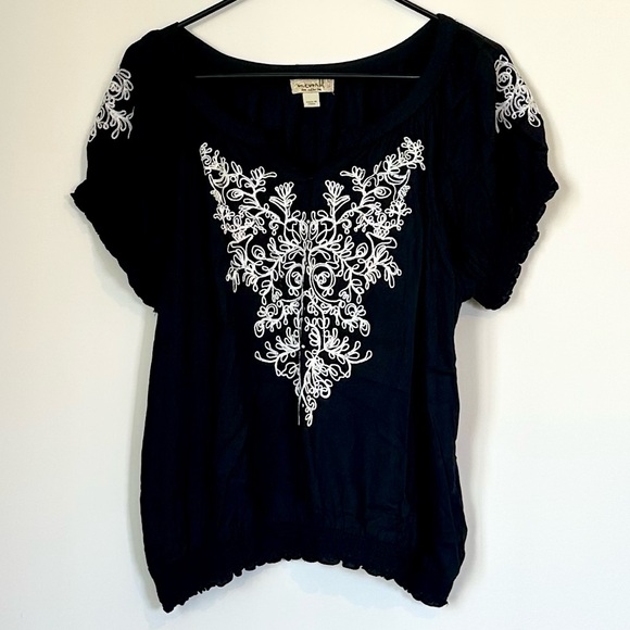 ONE WORLD Tops - ONE WORLD Black Blouse with White Embroidery
